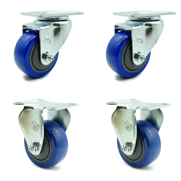 3 Inch Blue Polyurethane Wheel Swivel Top Plate Caster Set with 2 Rigid SCC